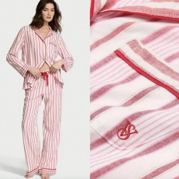 NWOT VICTORIA'S SECRET Flannel Pajama Cozy PJ Set Red Candy Cane Stripe M - Picture 1 of 15